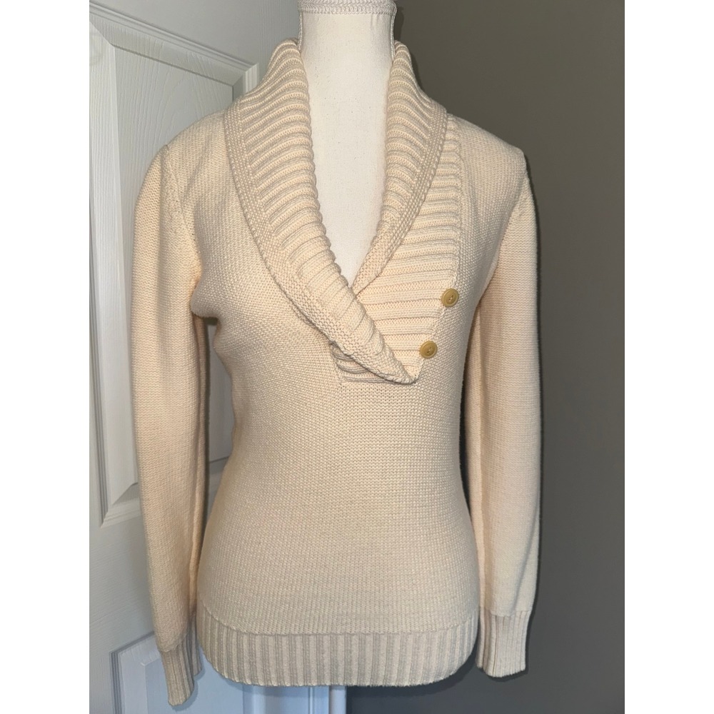 Lauren Ralph Lauren Cream Shawl Collar Knit Womens Small Sweater Preppy Cozy